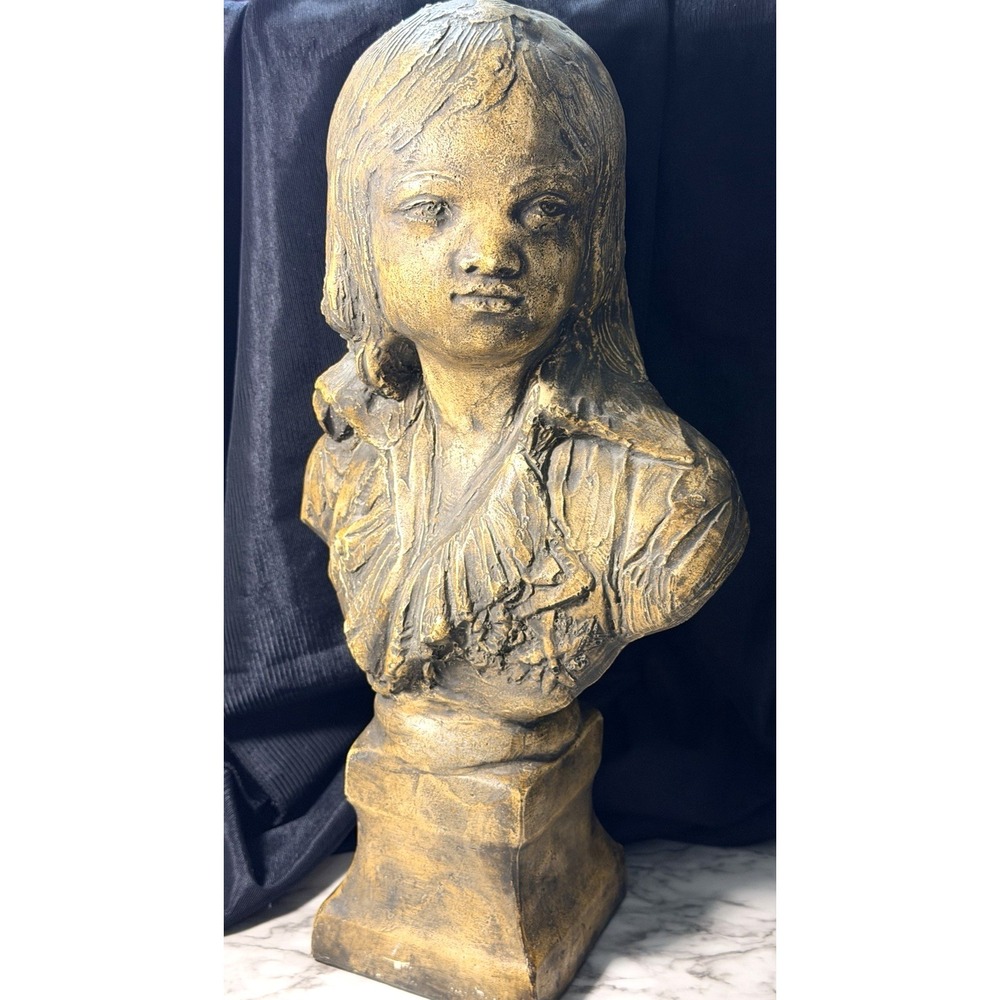 VTG BUST SCULPTURE OF YOUNG GIRL ANTIQUE BRONZE TONE 15.5" T x 8.5" W‎ (2809)